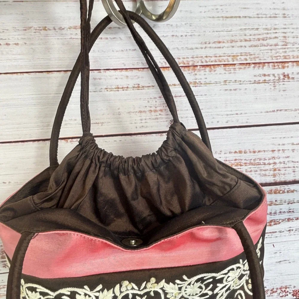 Vintage Shoulder Bag Claire V. Small Pink Brown 100% Silk Embroidered Beaded